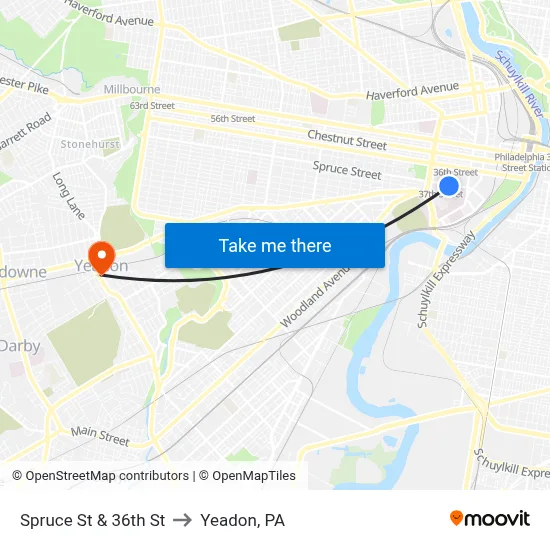 Spruce St & 36th St to Yeadon, PA map