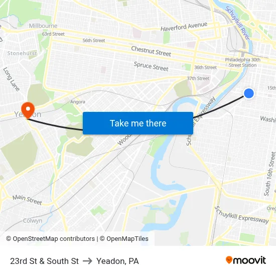 23rd St & South St to Yeadon, PA map