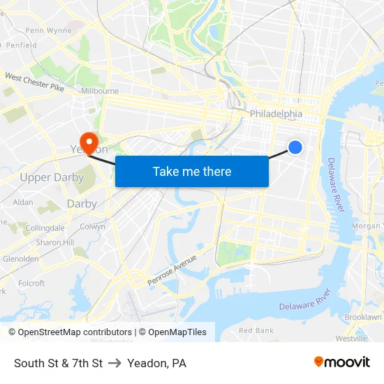 South St & 7th St to Yeadon, PA map