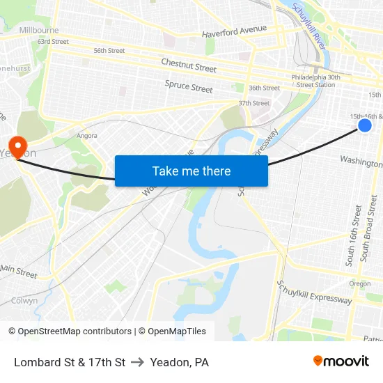 Lombard St & 17th St to Yeadon, PA map
