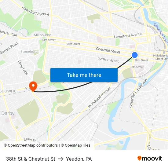 38th St & Chestnut St to Yeadon, PA map