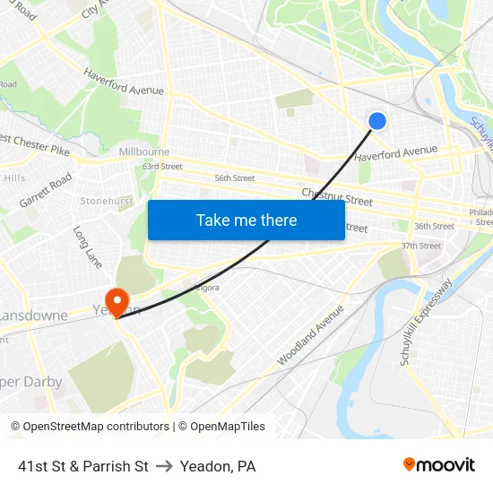 41st St & Parrish St to Yeadon, PA map