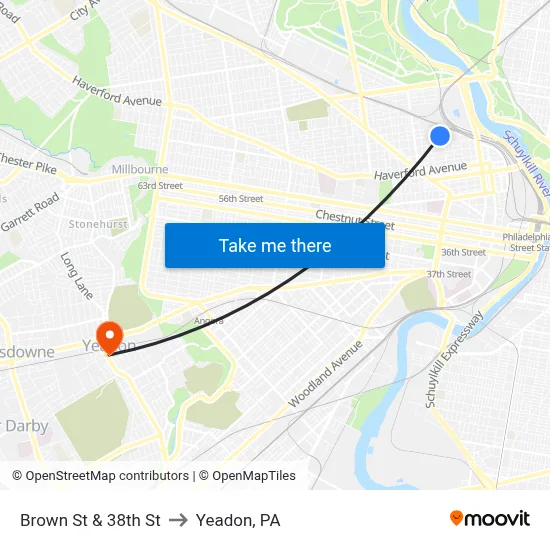 Brown St & 38th St to Yeadon, PA map