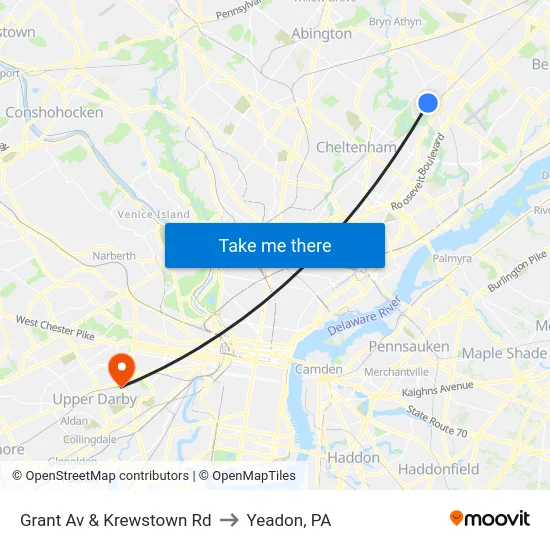 Grant Av & Krewstown Rd to Yeadon, PA map