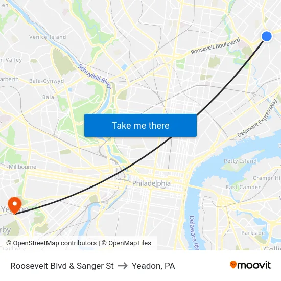 Roosevelt Blvd & Sanger St to Yeadon, PA map