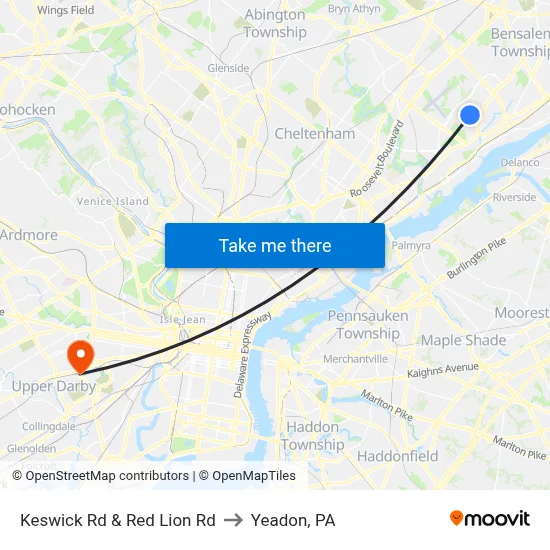 Keswick Rd & Red Lion Rd to Yeadon, PA map