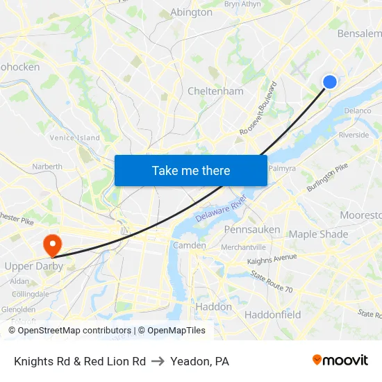 Knights Rd & Red Lion Rd to Yeadon, PA map