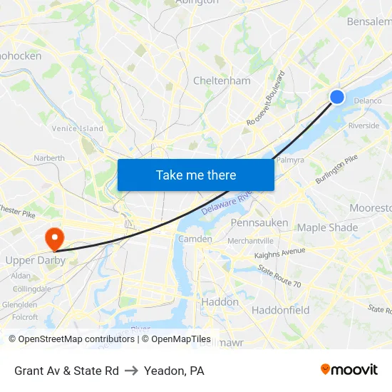 Grant Av & State Rd to Yeadon, PA map