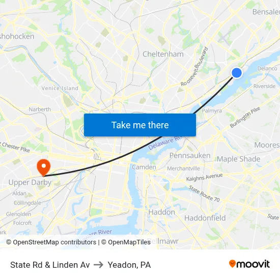 State Rd & Linden Av to Yeadon, PA map