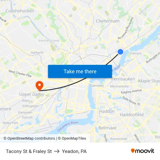 Tacony St & Fraley St to Yeadon, PA map