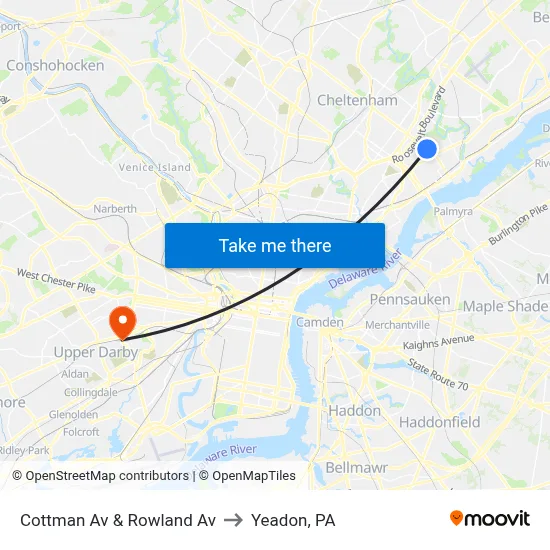 Cottman Av & Rowland Av to Yeadon, PA map
