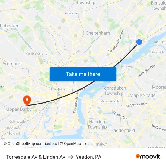Torresdale Av & Linden Av to Yeadon, PA map