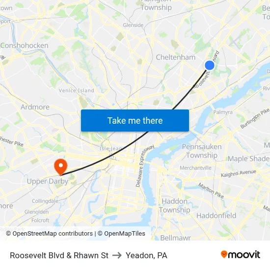 Roosevelt Blvd & Rhawn St to Yeadon, PA map