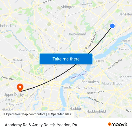 Academy Rd & Amity Rd to Yeadon, PA map
