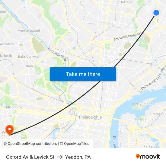 Oxford Av & Levick St to Yeadon, PA map