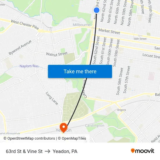 63rd St & Vine St to Yeadon, PA map