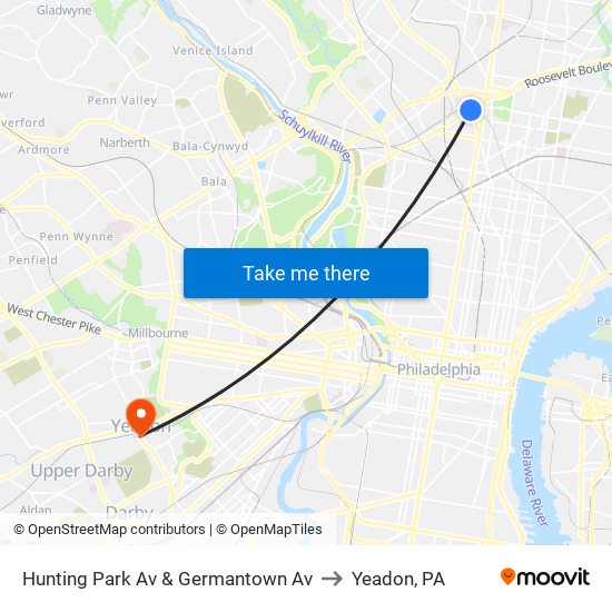 Hunting Park Av & Germantown Av to Yeadon, PA map