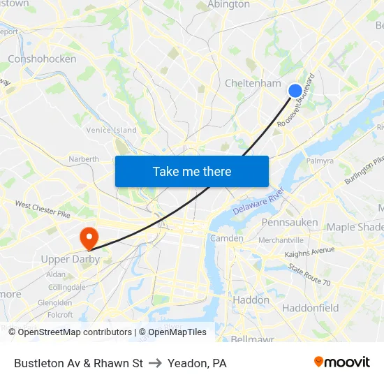 Bustleton Av & Rhawn St to Yeadon, PA map