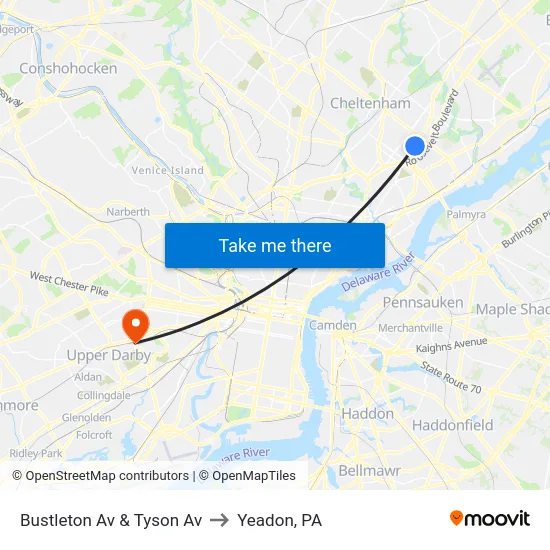 Bustleton Av & Tyson Av to Yeadon, PA map