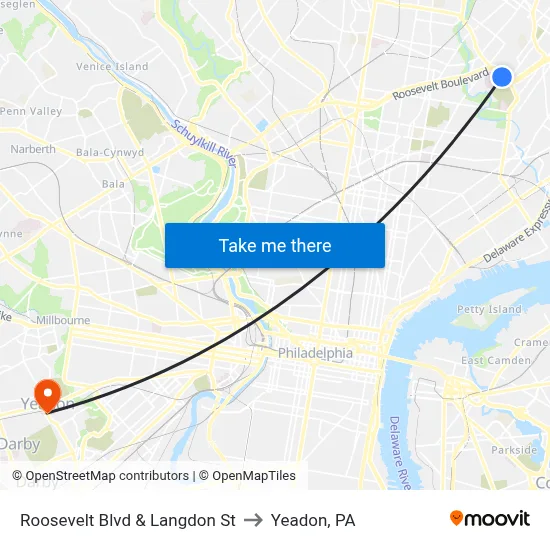 Roosevelt Blvd & Langdon St to Yeadon, PA map