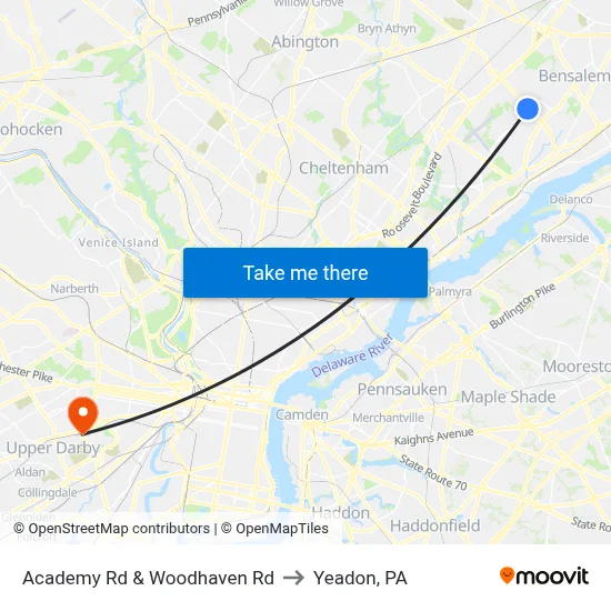 Academy Rd & Woodhaven Rd to Yeadon, PA map