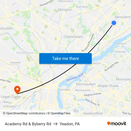 Academy Rd & Byberry Rd to Yeadon, PA map