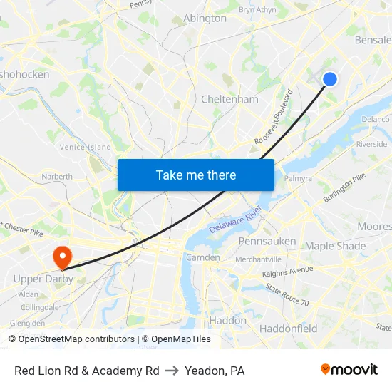 Red Lion Rd & Academy Rd to Yeadon, PA map