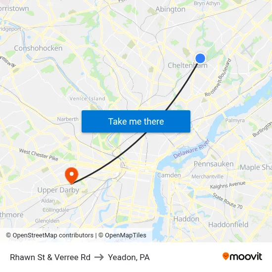 Rhawn St & Verree Rd to Yeadon, PA map