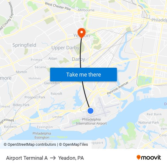 Airport Terminal A to Yeadon, PA map