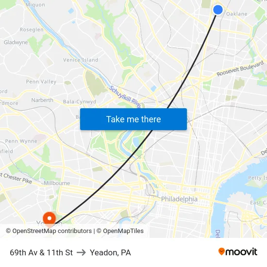 69th Av & 11th St to Yeadon, PA map