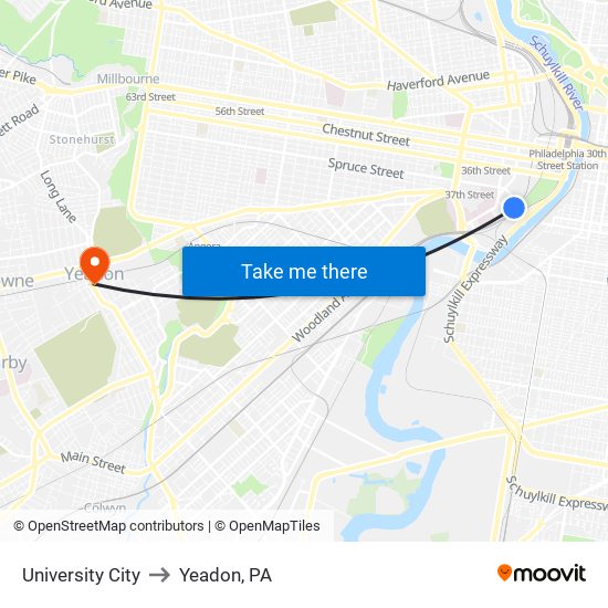 University City to Yeadon, PA map