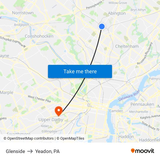 Glenside to Yeadon, PA map