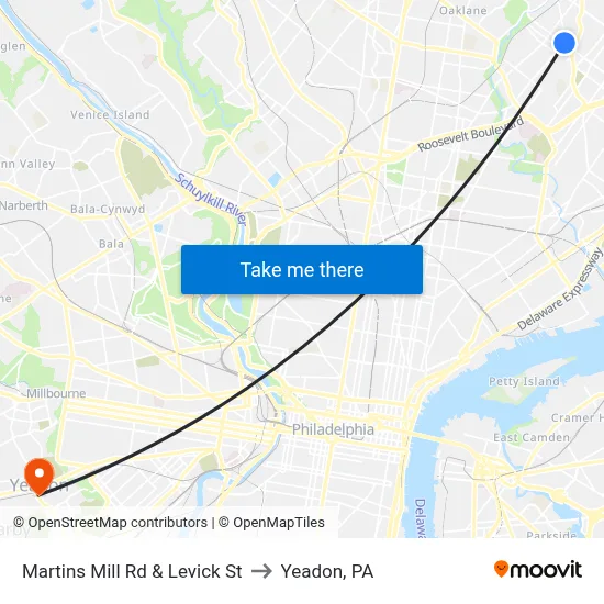 Martins Mill Rd & Levick St to Yeadon, PA map