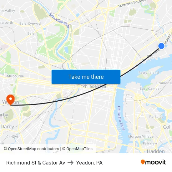 Richmond St & Castor Av to Yeadon, PA map