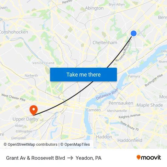 Grant Av & Roosevelt Blvd to Yeadon, PA map