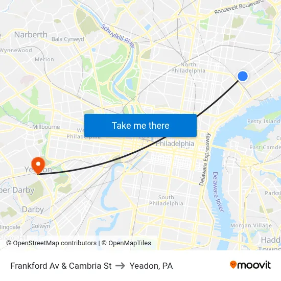 Frankford Av & Cambria St to Yeadon, PA map