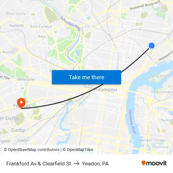 Frankford Av & Clearfield St to Yeadon, PA map