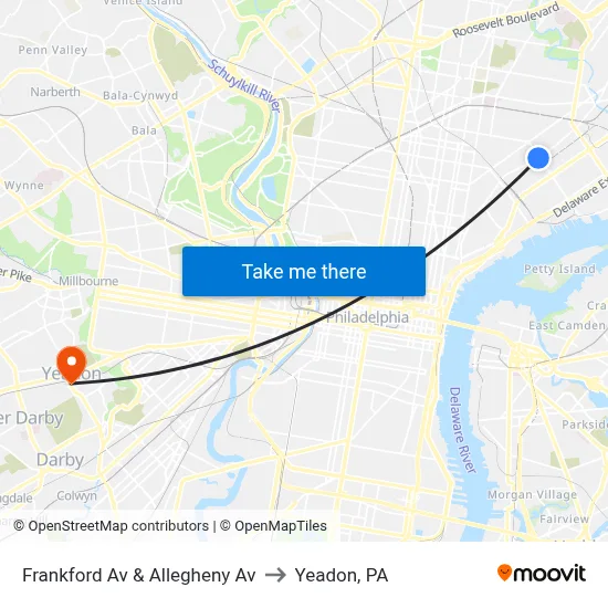 Frankford Av & Allegheny Av to Yeadon, PA map