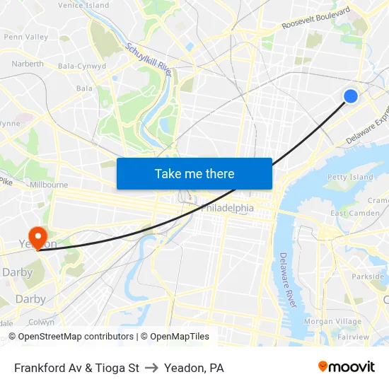 Frankford Av & Tioga St to Yeadon, PA map