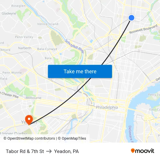 Tabor Rd & 7th St to Yeadon, PA map