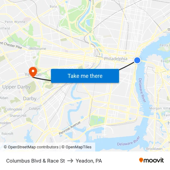 Columbus Blvd & Race St to Yeadon, PA map