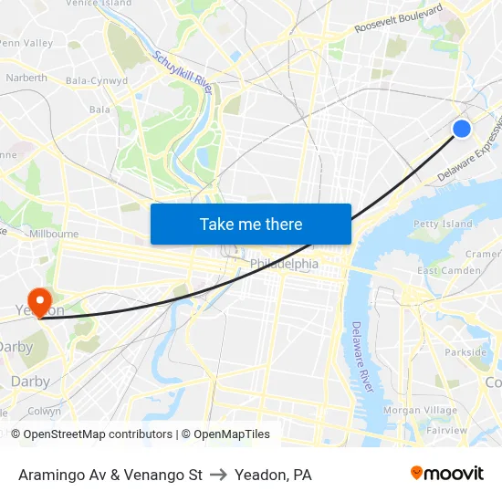 Aramingo Av & Venango St to Yeadon, PA map