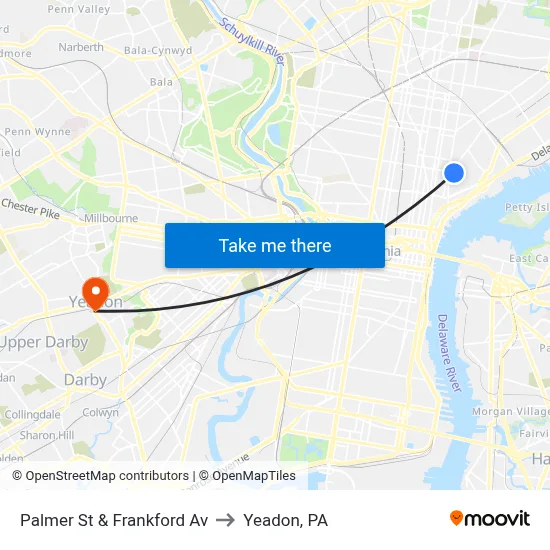 Palmer St & Frankford Av to Yeadon, PA map