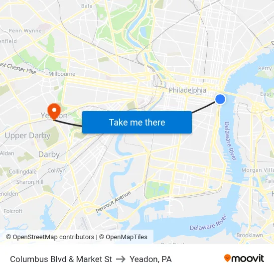 Columbus Blvd & Market St to Yeadon, PA map