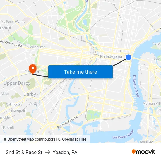 2nd St & Race St to Yeadon, PA map