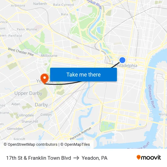17th St & Franklin Town Blvd to Yeadon, PA map