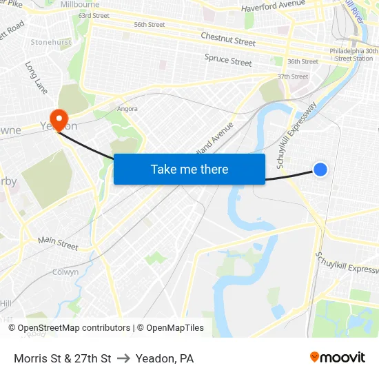 Morris St & 27th St to Yeadon, PA map