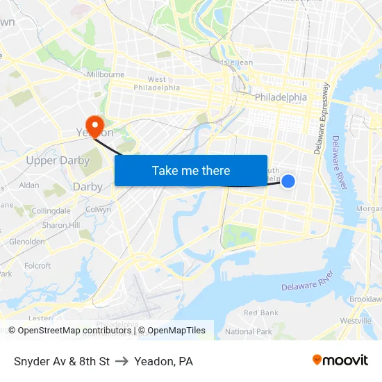 Snyder Av & 8th St to Yeadon, PA map