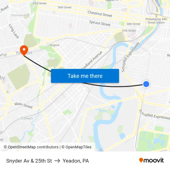 Snyder Av & 25th St to Yeadon, PA map