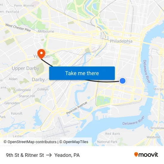 9th St & Ritner St to Yeadon, PA map